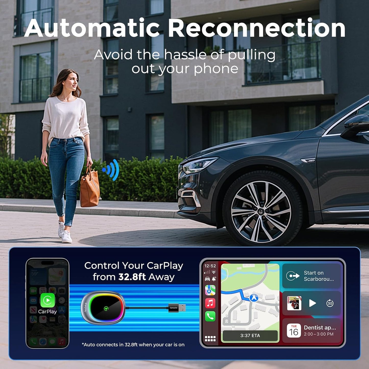 SYNCWIRE Wireless Carplay Adapter Für Apple Iphone, Plug-And-Play, 2025 Upgrade, Wandelt Kabelgebundenes Carplay Um, Auto-Connect, Für Autos Ab 2016 & Iphones Ios 10+
