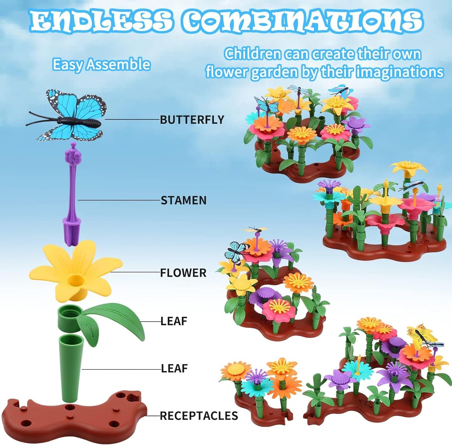 Cyiecw 332 PCS Blumengarten Spielzeug Ab 4 Jahre Mädchen,Kinder Blumen Bausteine,Diy Bouquet Sets Mit Aufbewahrungstasche,Garten Spielzeug Für Kinder Kunst Blumenarrangement Geschenk