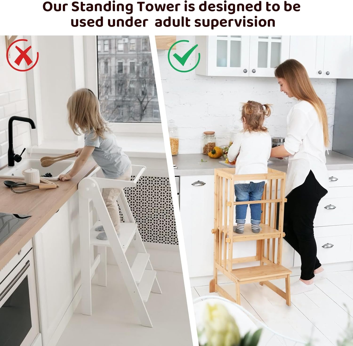 3 Stufen Höhenverstellbar Lernturm Und Tritthocker Für Kinder, a Förmiger Struktur, Sicherheitsgeländer, Für Kinder Im Alter Von 18-36 Monaten, Montessori Küchenhelfer, Bambusholz,Natural