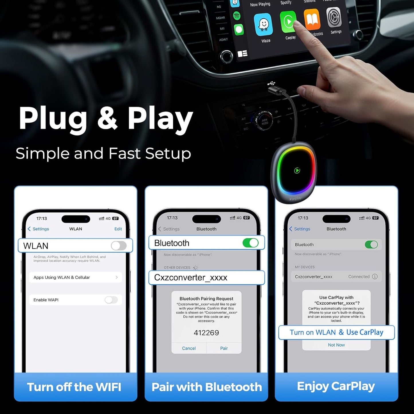 SYNCWIRE Wireless Carplay Adapter Für Apple Iphone, Plug-And-Play, 2025 Upgrade, Wandelt Kabelgebundenes Carplay Um, Auto-Connect, Für Autos Ab 2016 & Iphones Ios 10+