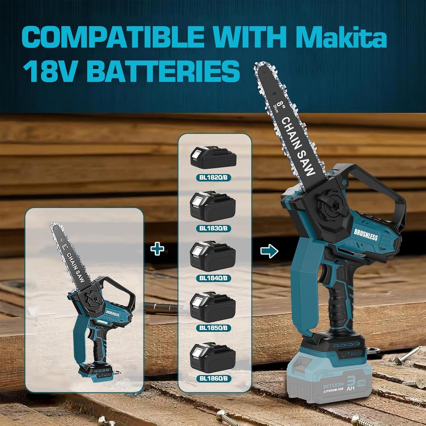 8-Zoll Kettensäge Für Makita 18V Akku, Automatischer Öler, Bürstenlose 6-Zoll Und 8-Zoll Akku Baumsäge, Batteriebetriebene Mini-Kettensäge Zum Holzschneiden Und Baumbeschneiden (Nur Werkzeug)