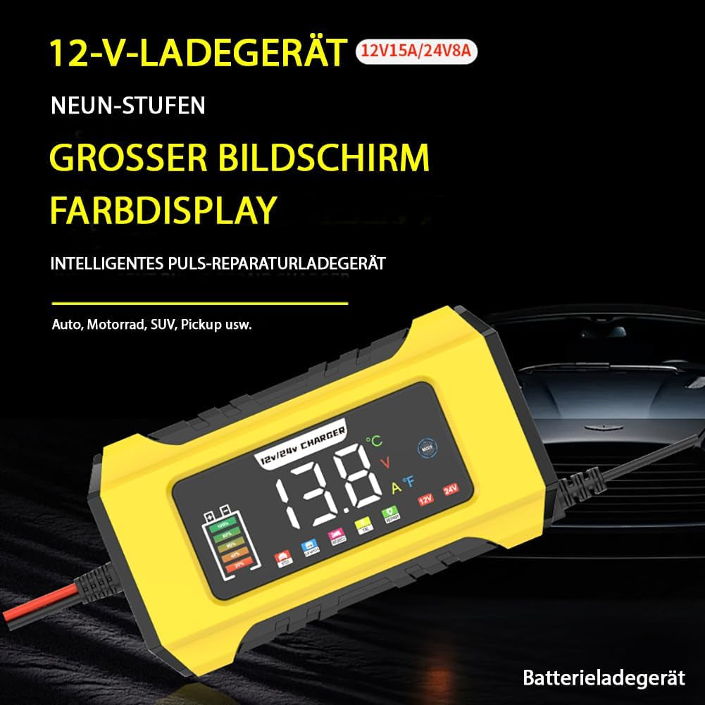 15A Autobatterie Ladegerät, 12V 24V Batterie Ladegerät 9-Stufiges Intelligentes Ladegerat Autobatteri Mit Lcd-Bildschirm Für Auto, AGM, Gel Blei-Säure-Batterien Und Lifepo4-Batterien