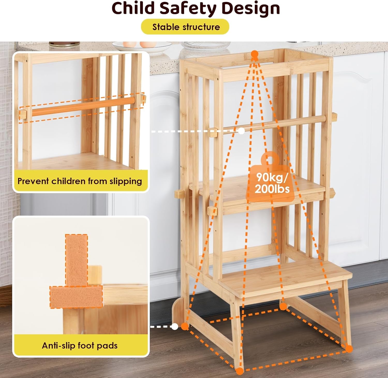 3 Stufen Höhenverstellbar Lernturm Und Tritthocker Für Kinder, a Förmiger Struktur, Sicherheitsgeländer, Für Kinder Im Alter Von 18-36 Monaten, Montessori Küchenhelfer, Bambusholz,Natural