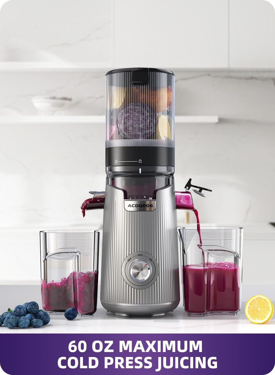 ACOQOOS Entsafter, Entsafter Für Ganze Gemüse Und Obst, 135 Mm Breite Und Größere Fütterungsröhre, 1,8 L Füllvolumen, Leicht Zu Reinigender Slow Juicer Mit 2 Gläsern, Elektrische Saftpresse Silbrig