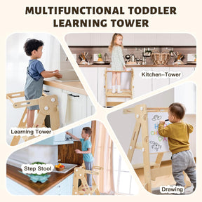 Labebe Klappbar Lernturm Für Kinder, Montessori Learning Tower Mit Zweiseitige Tafel, 3 in 1 Einstellbare Höhe Und Breite Lerntower, Multifunktion Lernturm Ab 1 Jahr Für Küche（Holz）