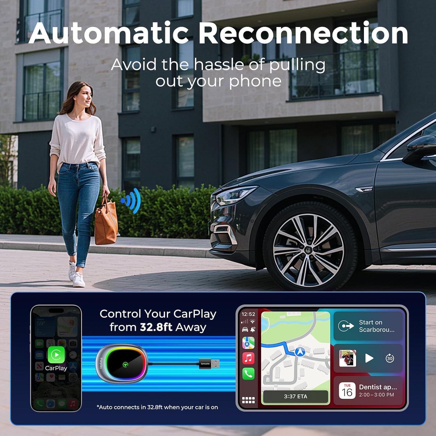 SYNCWIRE Wireless Carplay Adapter Für Apple Iphone, Plug-And-Play, 2025 Upgrade, Wandelt Kabelgebundenes Carplay Um, Auto-Connect, Für Autos Ab 2016 & Iphones Ios 10+