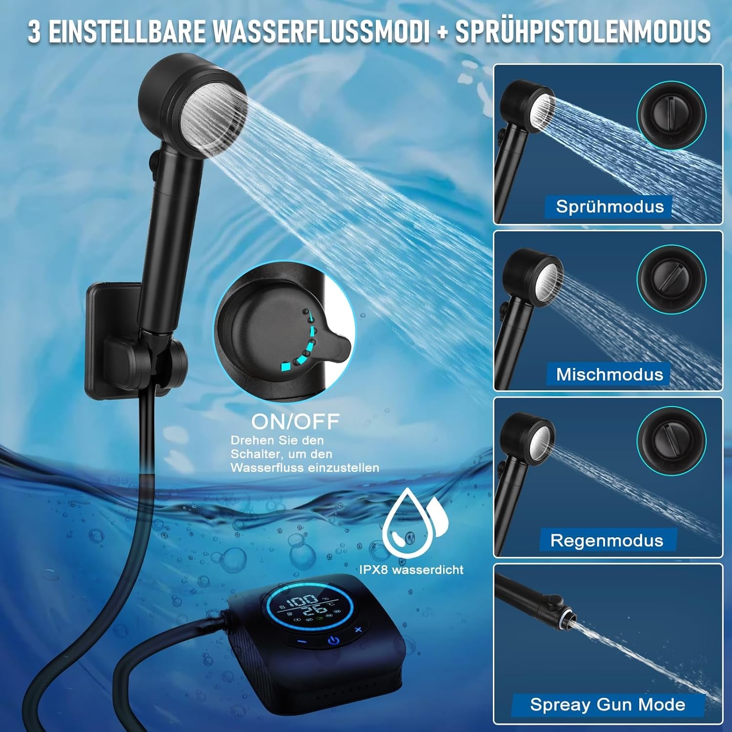 Camping Dusche, [8000Mah] Campingdusche Tragbare Mit Pumpe Und Temperaturanzeige, Mobile Dusche Outdoor Set Mit Duschkopf Und 2M Schlauch Für Camping Garten Autowaschen Strand Reisen Haustier