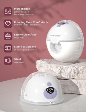 Momcozy Milchpumpe Elektrisch Tragbar Freihändig M5, Tragbare Doppelmilchpumpe Für Den Babymund, Doppelt Abgedichteter Flansch Mit 3 Modi Und 9 Stufen, Milchpumpe Elektrisch, 24 Mm (1, Violett)
