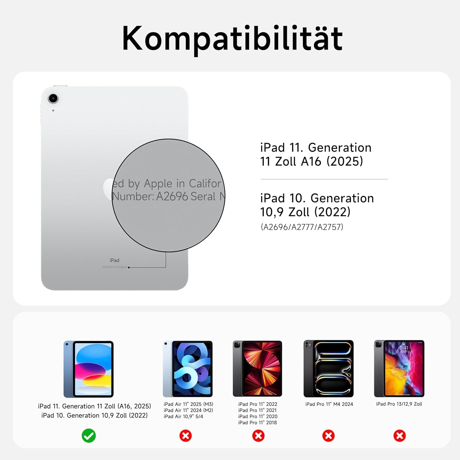 HOU Ipad 11. A16/10. Generation Case Mit Tastatur, Drehbare Und Abnehmbare Tastatur Für Ipad 11''/10, Elastische Stifthalterung, Vollschutzhülle, 7-Farben Hintergrundbeleuchtung, Multi-Touch Trackpad