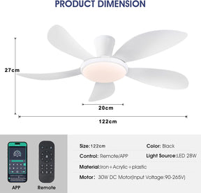 122Cm Flachbau-Deckenventilatoren Mit Licht Und Fernbedienung/App, Ventilator Mit Leisem Reversiblen Dc-Motor, Dimmbare & 6 Geschwindigkeiten, Moderne Deckenlüfter Für Schlafzimmer, Küche