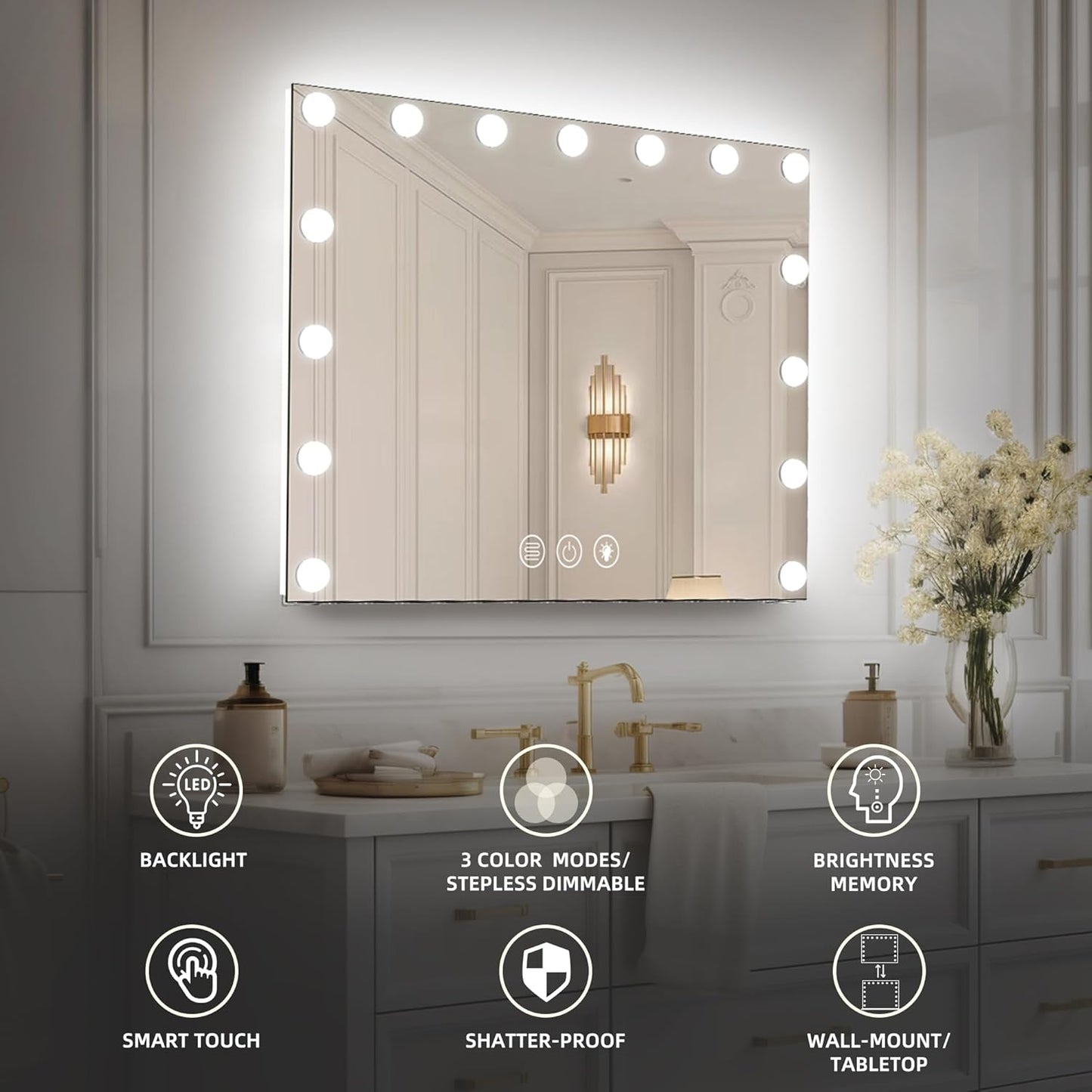 Hansong Hollywood Spiegel Mit Beleuchtung, Dimmbar, Hintergrundbeleuchtung + Frontbeleuchtung, Make up Spiegel Mit Beleuchtung Für Die Wand, Memory-Funktion, Gehärtetes Glas
