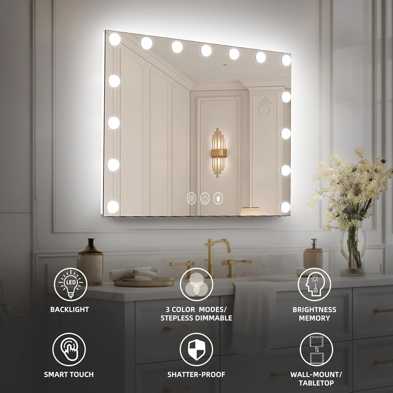 Hansong Hollywood Spiegel Mit Beleuchtung, Dimmbar, Hintergrundbeleuchtung + Frontbeleuchtung, Make up Spiegel Mit Beleuchtung Für Die Wand, Memory-Funktion, Gehärtetes Glas