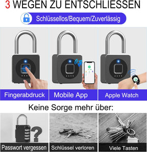 Vorhängeschloss Fingerabdruck,  Spindschloss, Schloss Mit Fingerabdruck Und APP, 43MM Vorhängeschloss Wetterfest Mit 6MM Dicker Schäkel Für Gym Spinde Koffer, Keller, Schule - Schwarz