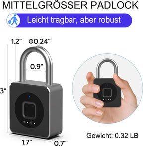 Vorhängeschloss Fingerabdruck,  Spindschloss, Schloss Mit Fingerabdruck Und APP, 43MM Vorhängeschloss Wetterfest Mit 6MM Dicker Schäkel Für Gym Spinde Koffer, Keller, Schule - Schwarz