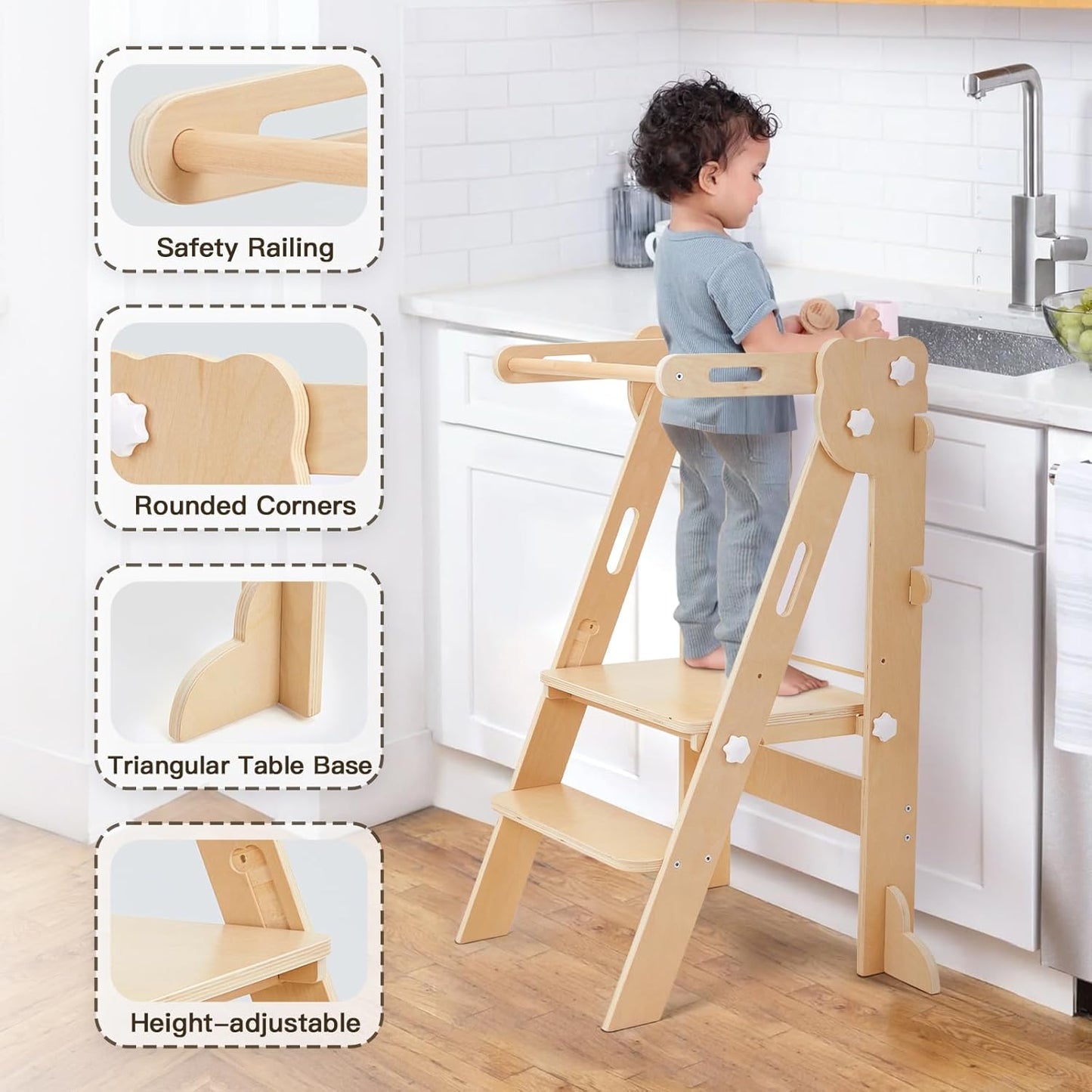 Labebe Klappbar Lernturm Für Kinder, Montessori Learning Tower Mit Zweiseitige Tafel, 3 in 1 Einstellbare Höhe Und Breite Lerntower, Multifunktion Lernturm Ab 1 Jahr Für Küche（Holz）