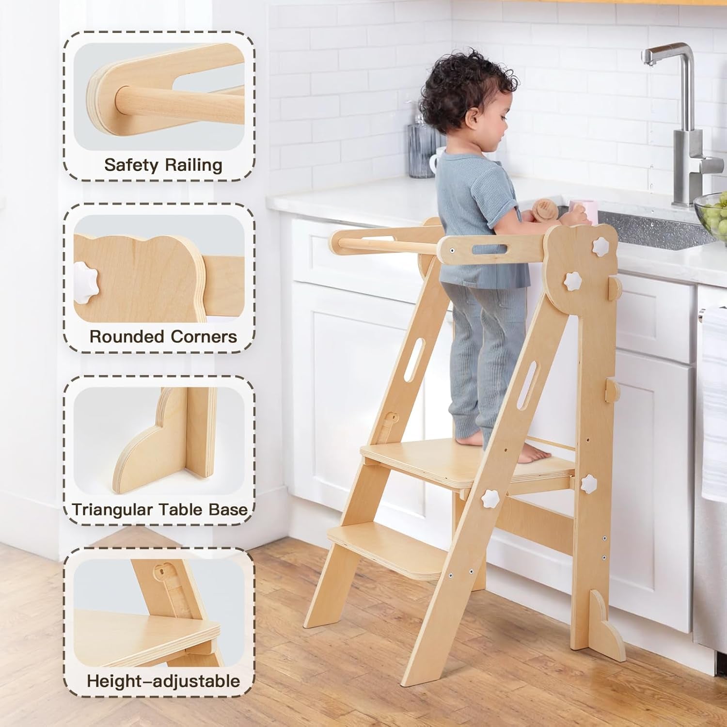 Labebe Klappbar Lernturm Für Kinder, Montessori Learning Tower Mit Zweiseitige Tafel, 3 in 1 Einstellbare Höhe Und Breite Lerntower, Multifunktion Lernturm Ab 1 Jahr Für Küche（Holz）