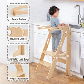 Labebe Klappbar Lernturm Für Kinder, Montessori Learning Tower Mit Zweiseitige Tafel, 3 in 1 Einstellbare Höhe Und Breite Lerntower, Multifunktion Lernturm Ab 1 Jahr Für Küche（Holz）