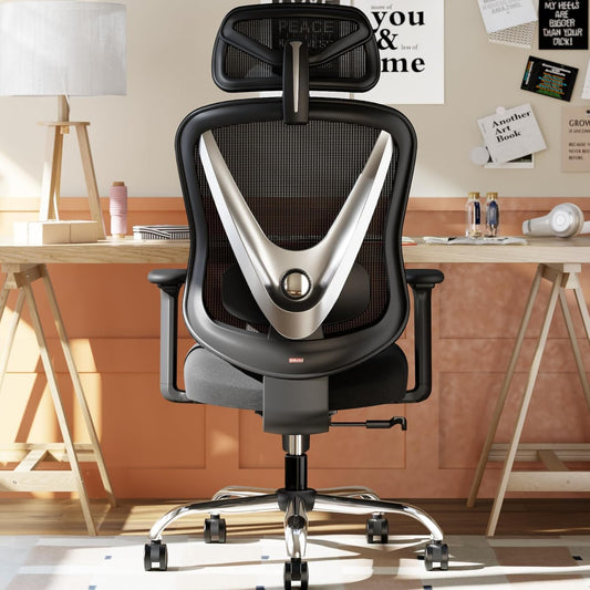 HOLLUDLE Ergonomischer Bürostuhl Mit 3D Lendenstütze & 3D Verstellbaren Armlehnen – V-Förmiges Rücken-Design, Bequemer Schreibtischstuhl Für Büro & Zuhause, Schwarz